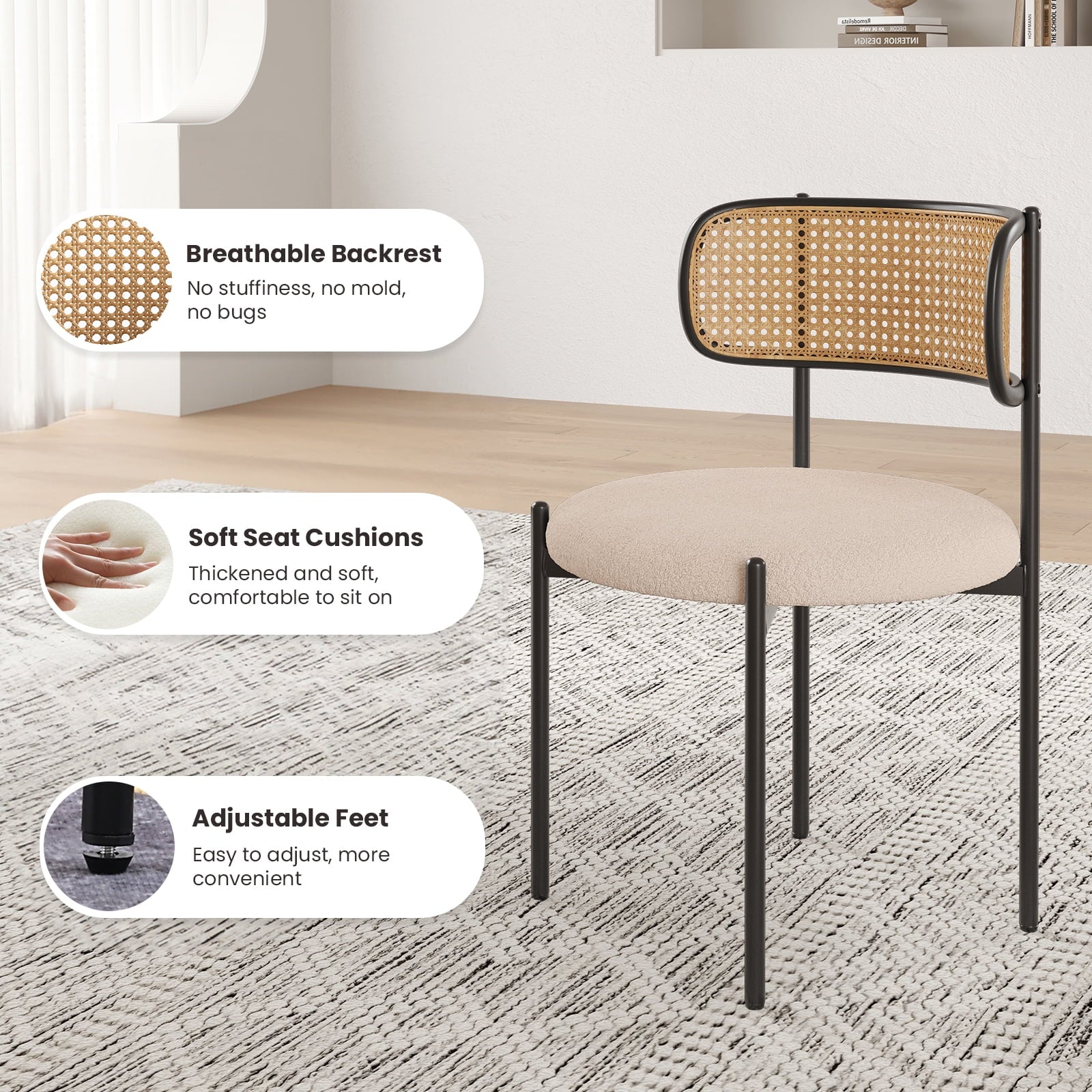 Upholstered Dining Chair Set of 4, Rattan Backrest Kitchen Chair, Light Brown