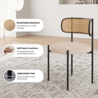 Upholstered Dining Chair Set of 4, Rattan Backrest Kitchen Chair, Light Brown