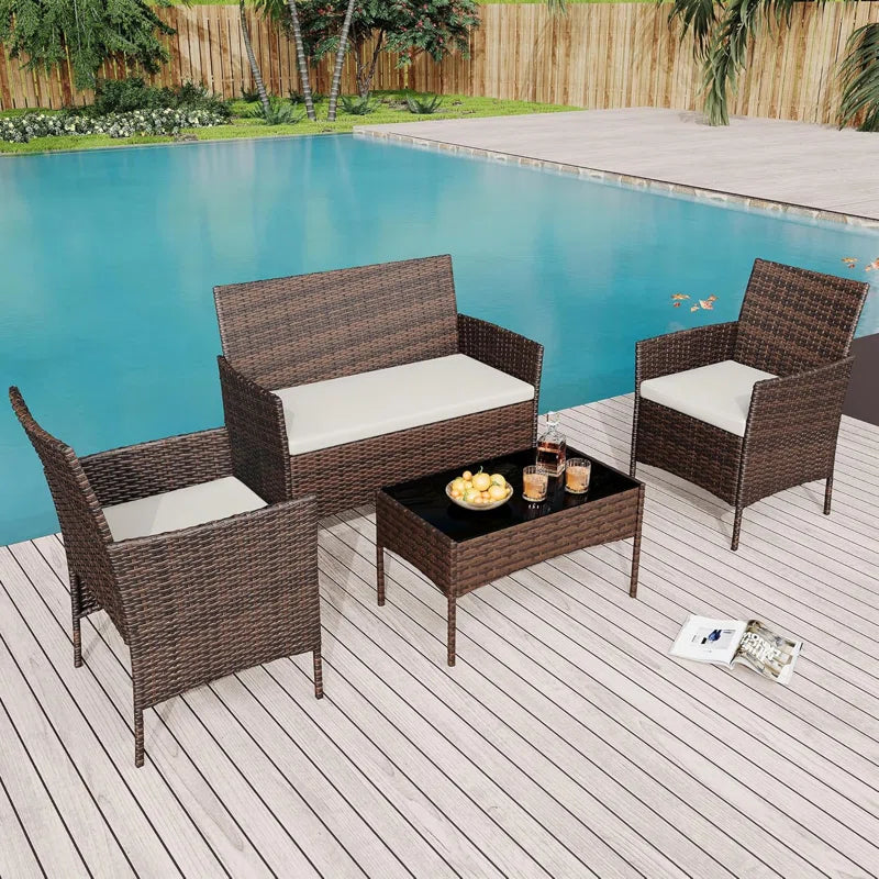 4 Pieces Patio Furniture Set, Rattan Outdoor Furniture with Upholstered Sofa, 2 Chairs and Coffee Table, Conversation Bistro Set for Garden, Backyard, Porch