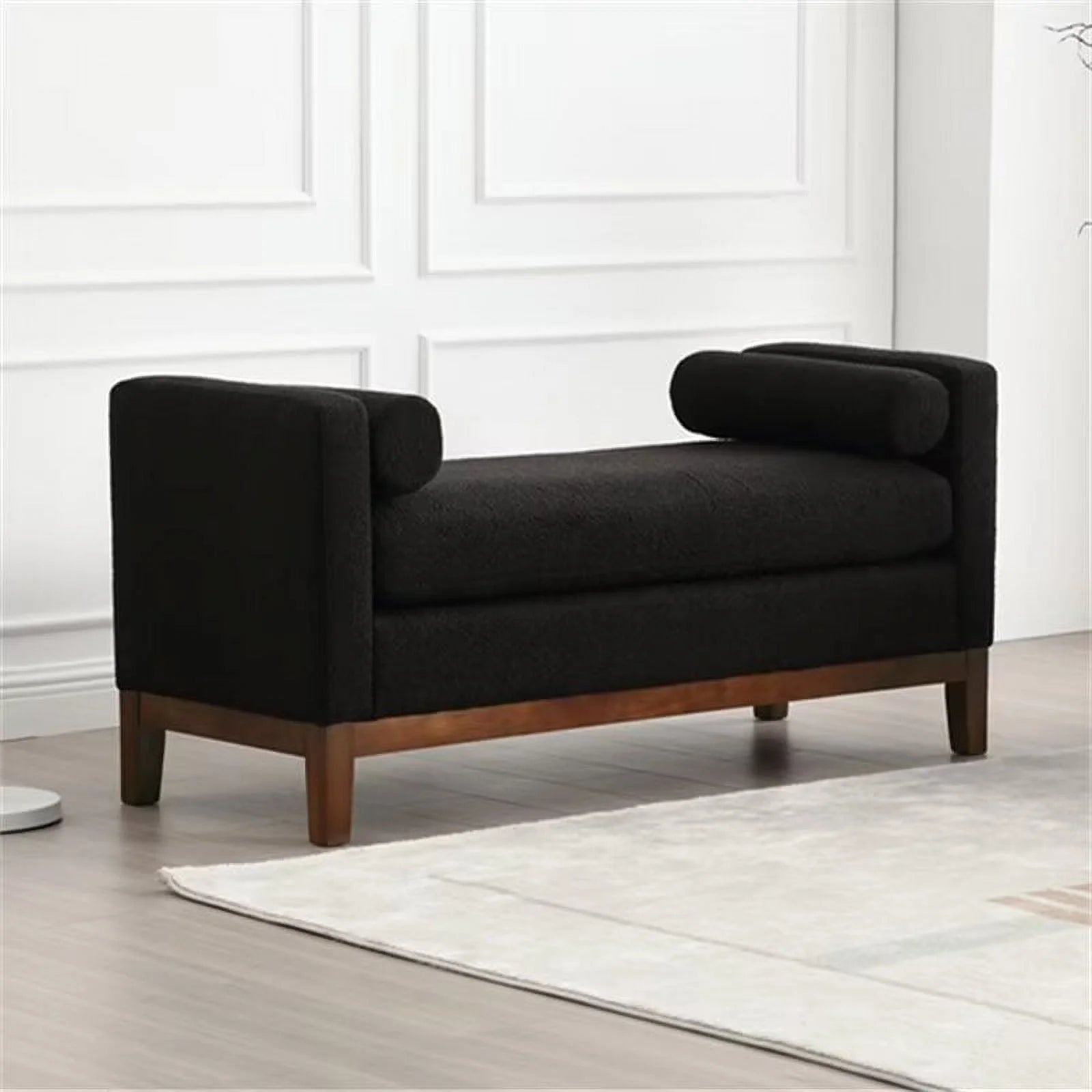 Boucle Bedroom End of Bed Bench with Wood Legs & Bolster Pillows, Black