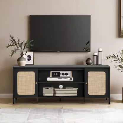Aaron Black TV Stand Fits Tvs up to 70 In. with 2 Storage Cabinets and 2-Tier Open Shelf ,Soft-Close Hinges,Cable Ports