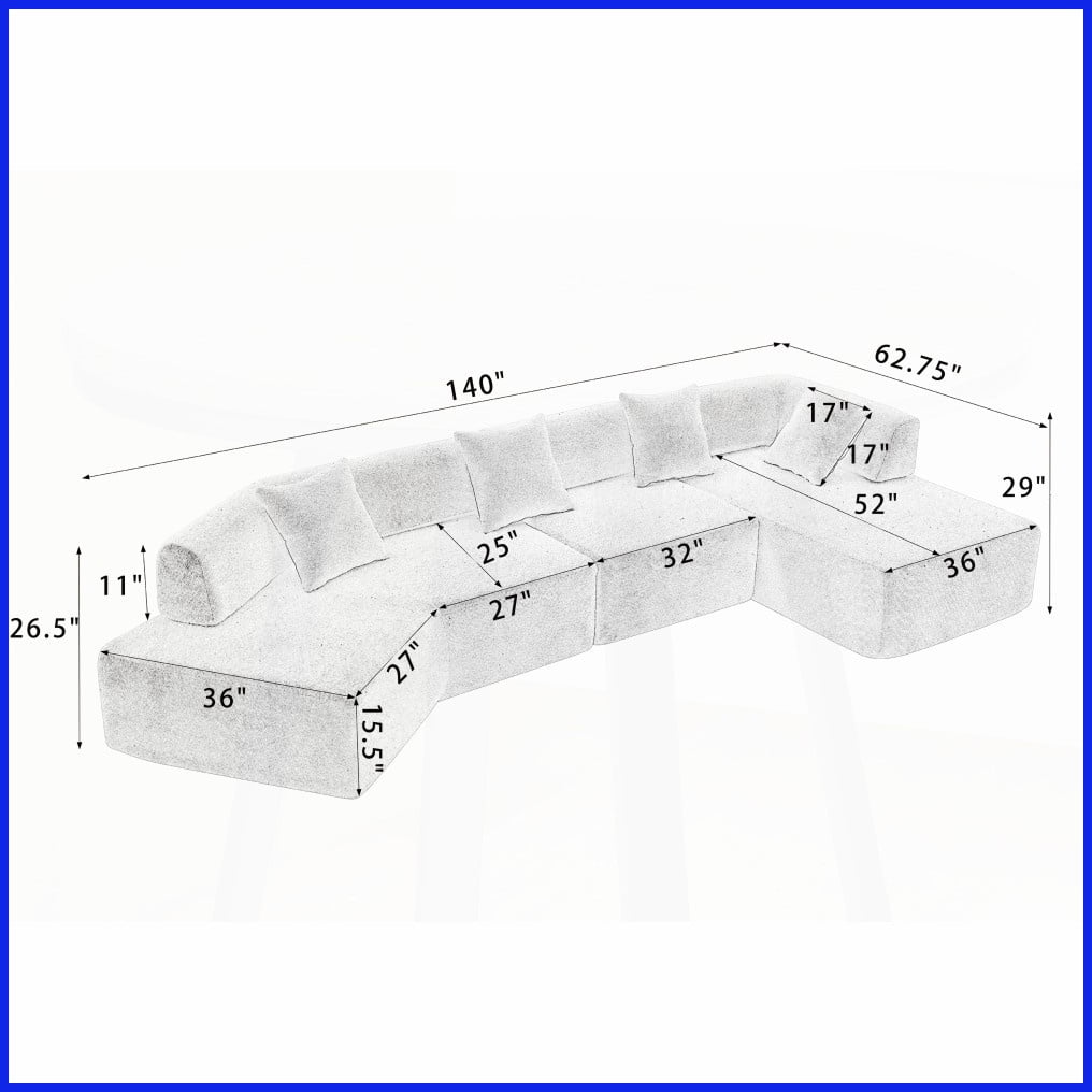 Modern 140" L-Shape Boucle Modular Sectional - 4-Seat Cloud Sofa with Chaise (No Assembly)