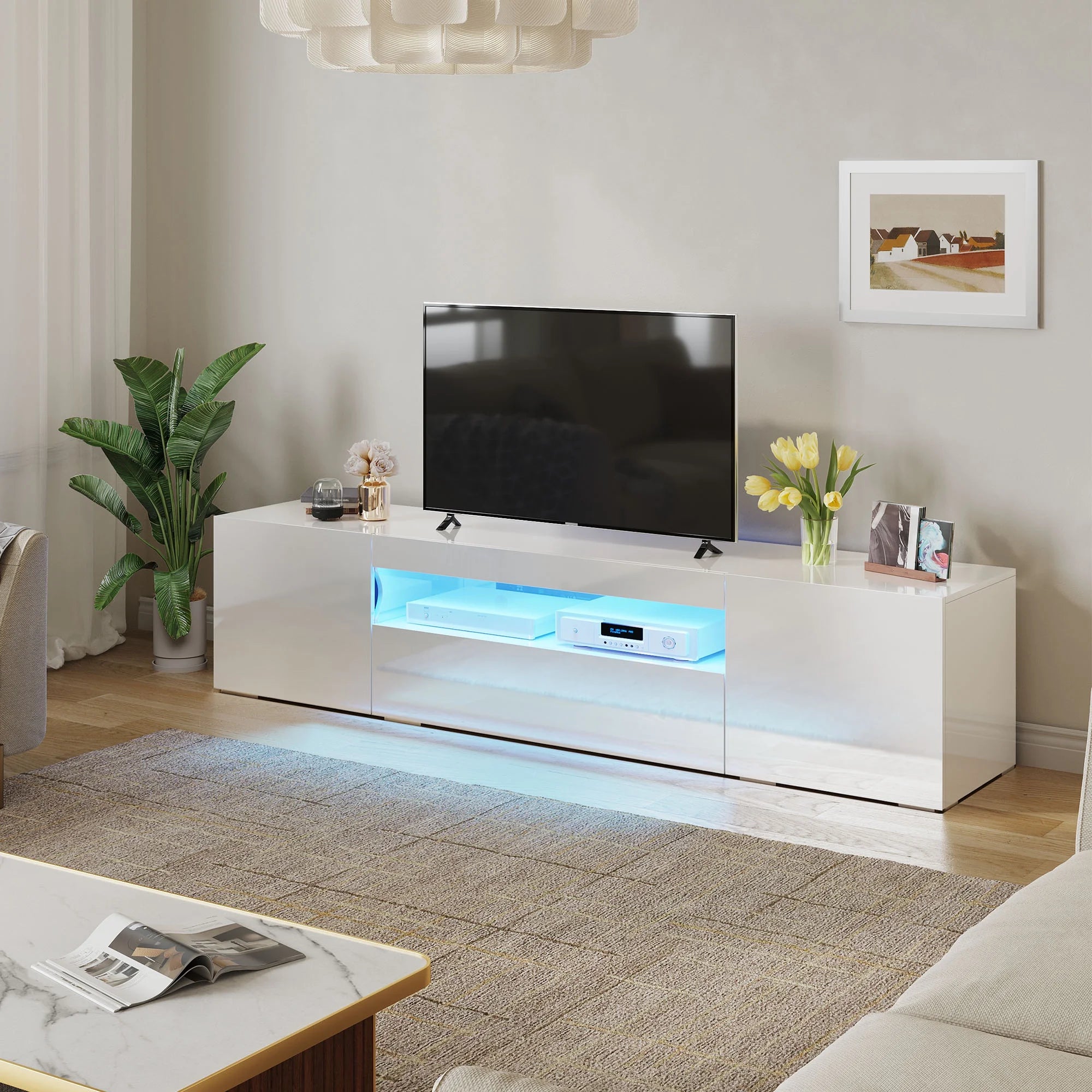Large LED TV Stand for 75 Inch Tvs White High Glossy Media Center with 2 Cabinets and 1 Drawer for Living Room, 70"