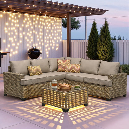 6-Piece Outdoor Patio Furniture Set with Solar-Powered Lighted Coffee Table, All-Weather Wicker L-Shaped Sectional Sofa, Beige