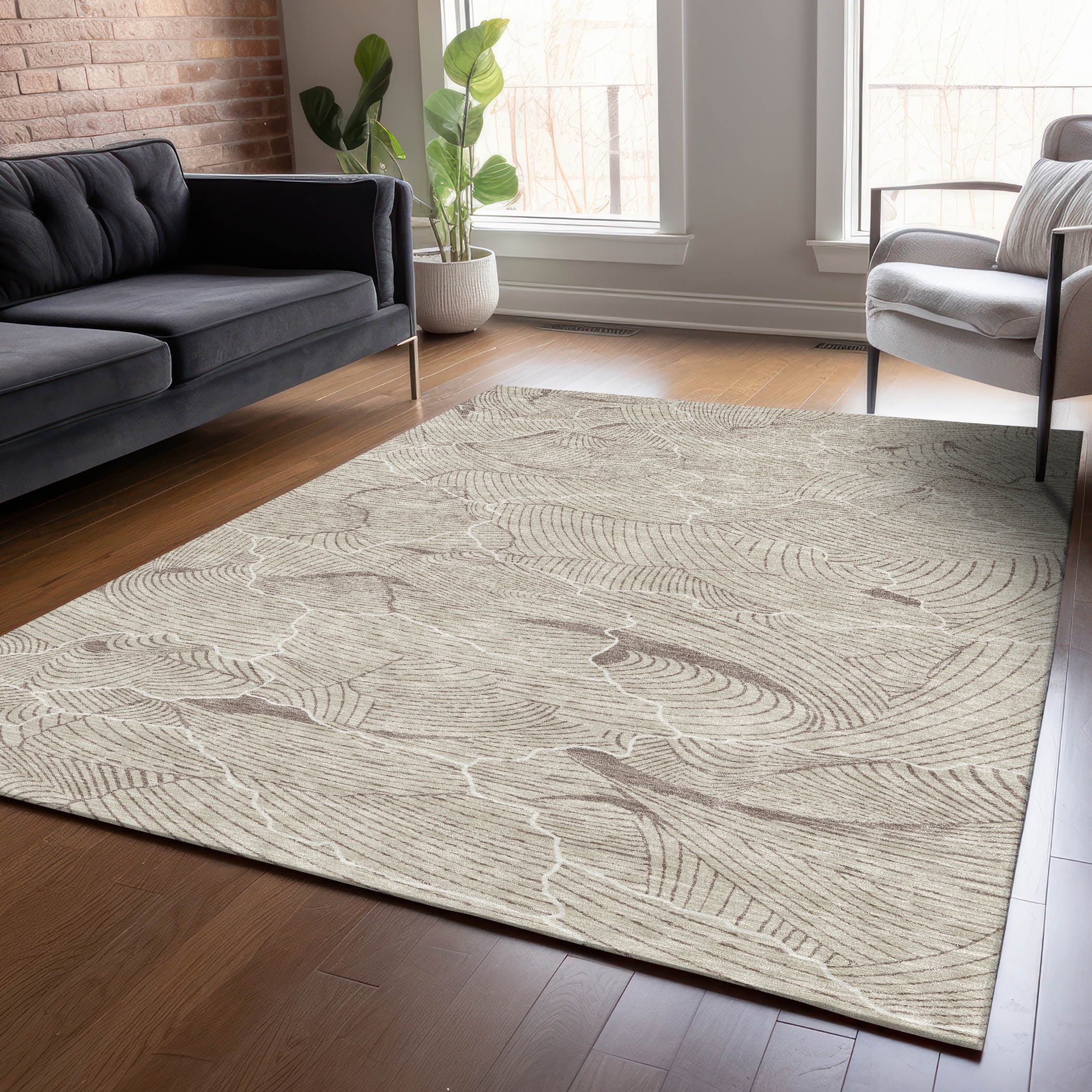 Indoor/Outdoor Transitional Lines Beige Washable Rectangle Rug, 8' X 10'