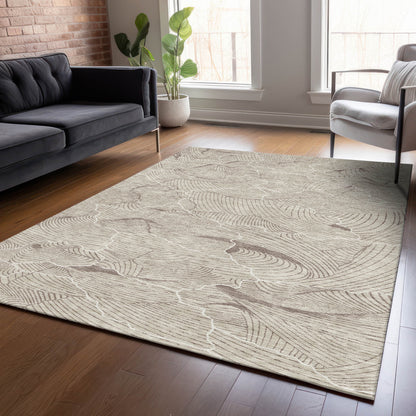 Indoor/Outdoor Transitional Lines Beige Washable Rectangle Rug, 8' X 10'