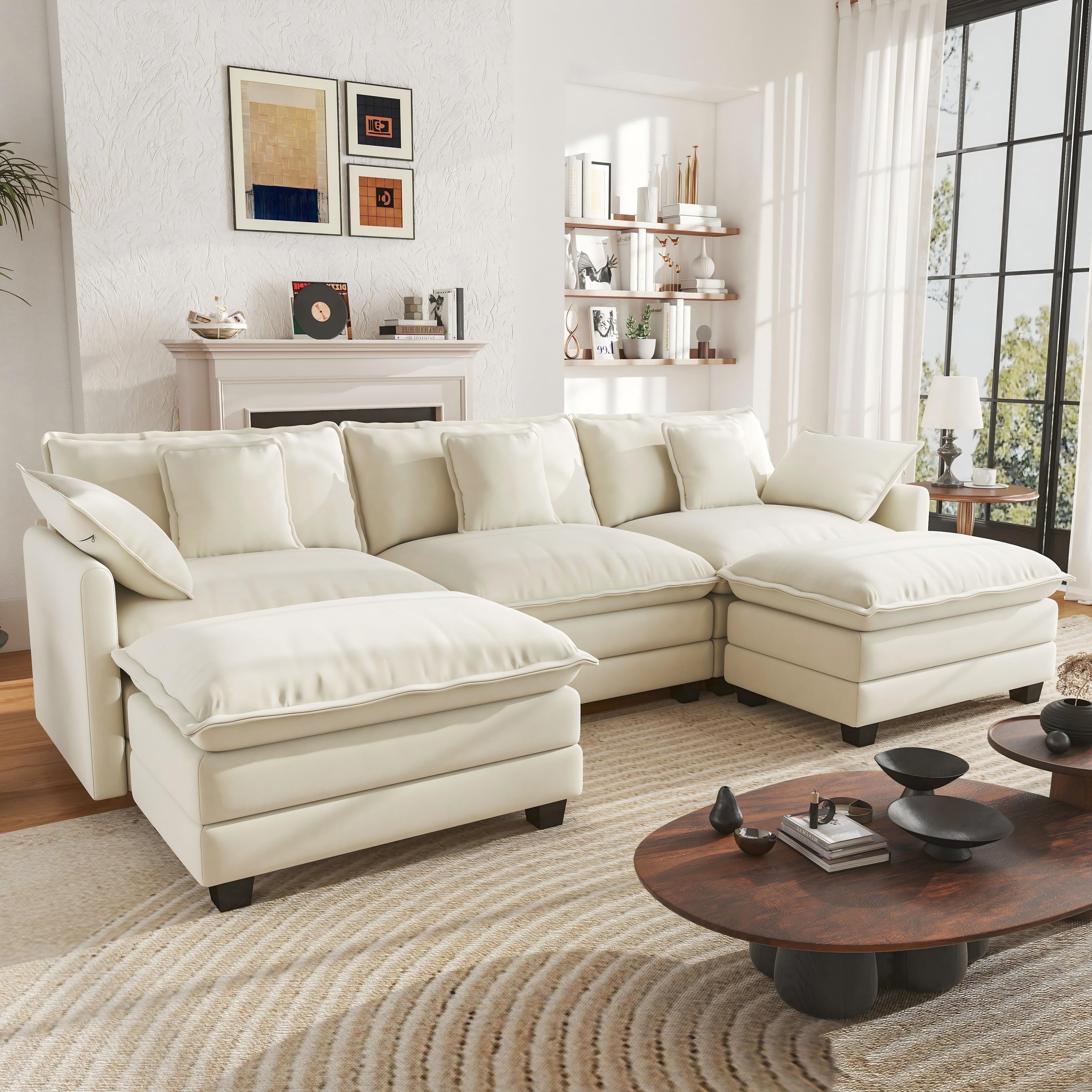 111.5" Modular U-Shaped Sectional Sofa - 3-Seat Beige Cloud Couch with Movable Ottomans