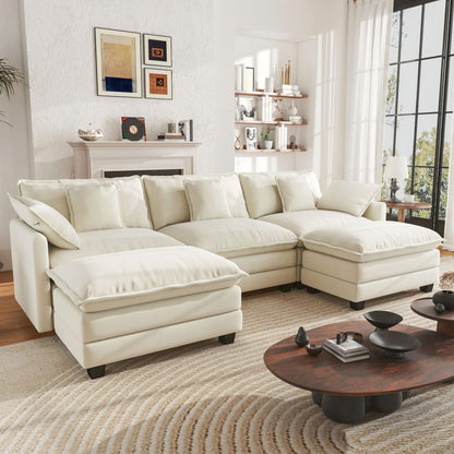 111.5" Modular U-Shaped Sectional Sofa - 3-Seat Beige Cloud Couch with Movable Ottomans