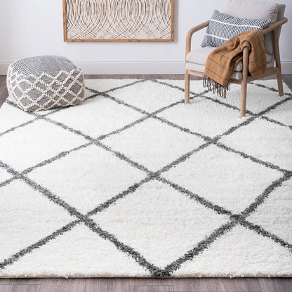 7'10" x 10'2" White and Gray Diamond Area Rug – Transitional Indoor Rug