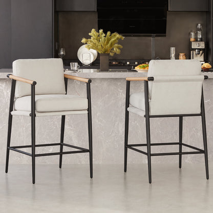 Modern Upholstered Bar Stools with Metal Frame and Wooden Armrests, Fabric in Beige
