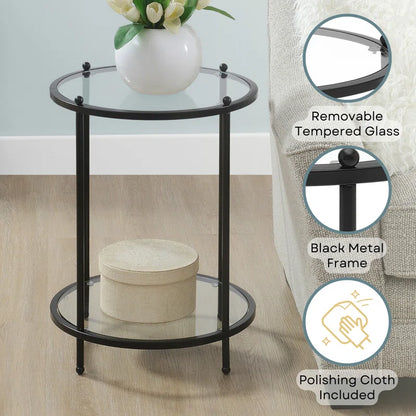 Hommeco Round Glass End Table with Metal Shelf