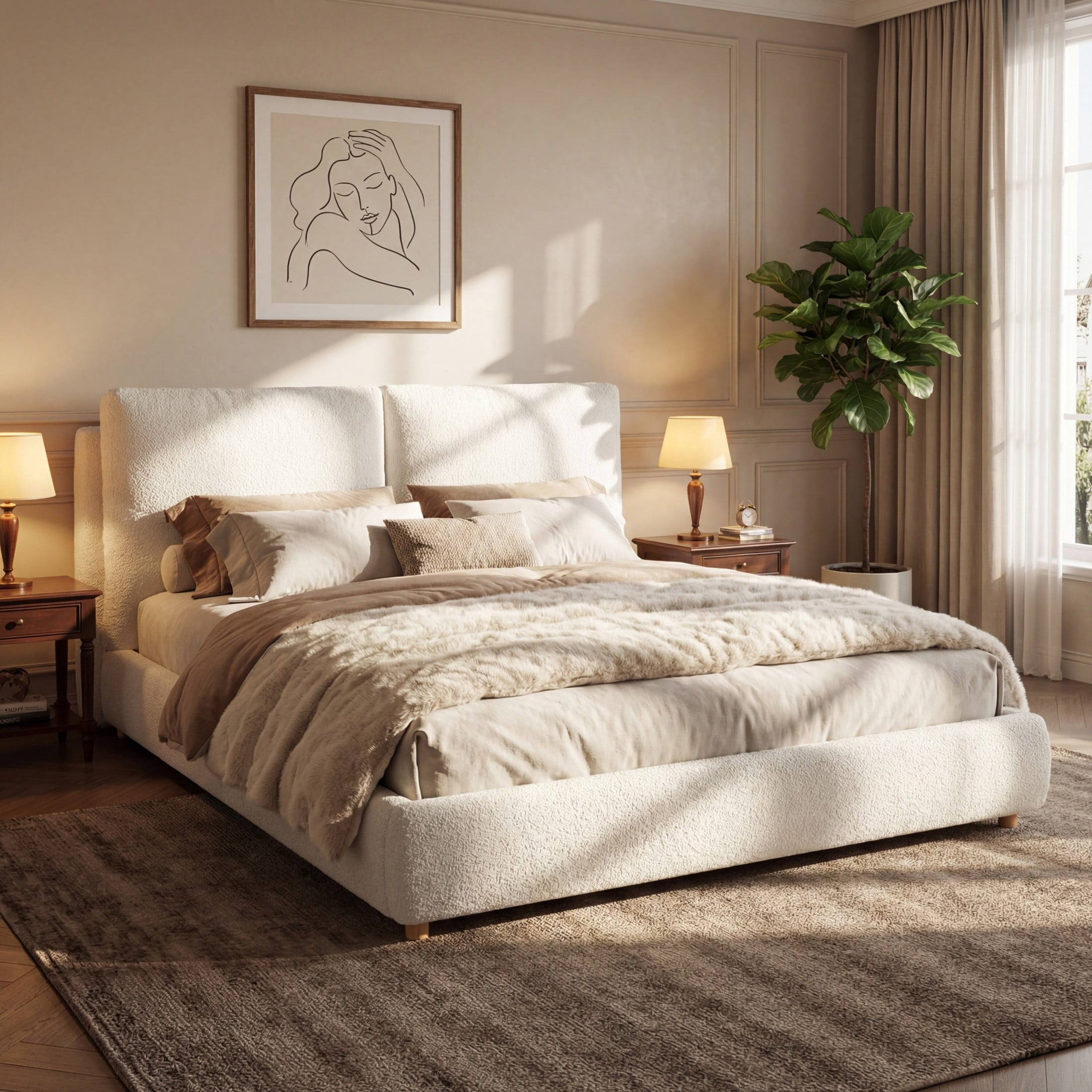 Hommeco White King Upholstered Bed Frame - with Removable Pillow Headboard