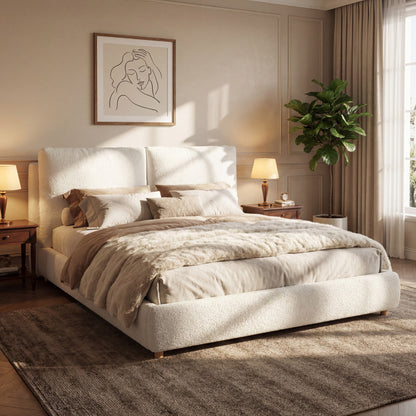 Hommeco White King Upholstered Bed Frame - with Removable Pillow Headboard