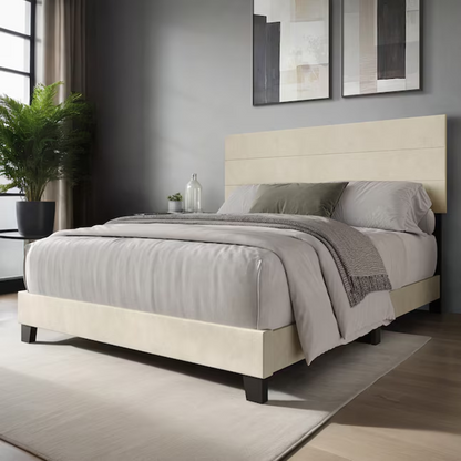 Hommeco Queen Beige Wood Panel Bed with Headboard