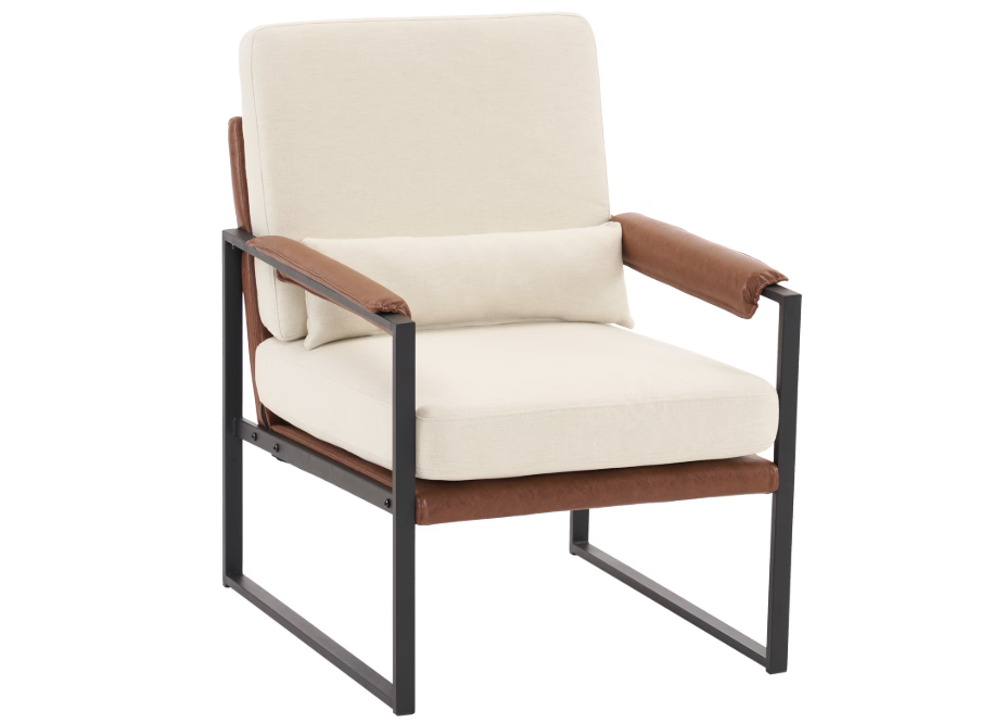 Hommeco Mid-Century Modern Retro Armchair – White & Brown Metal Frame