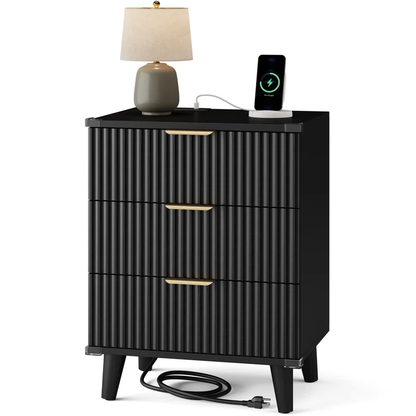Hommeco Nightstand with Charging Station – 3 Drawer Bedside Table