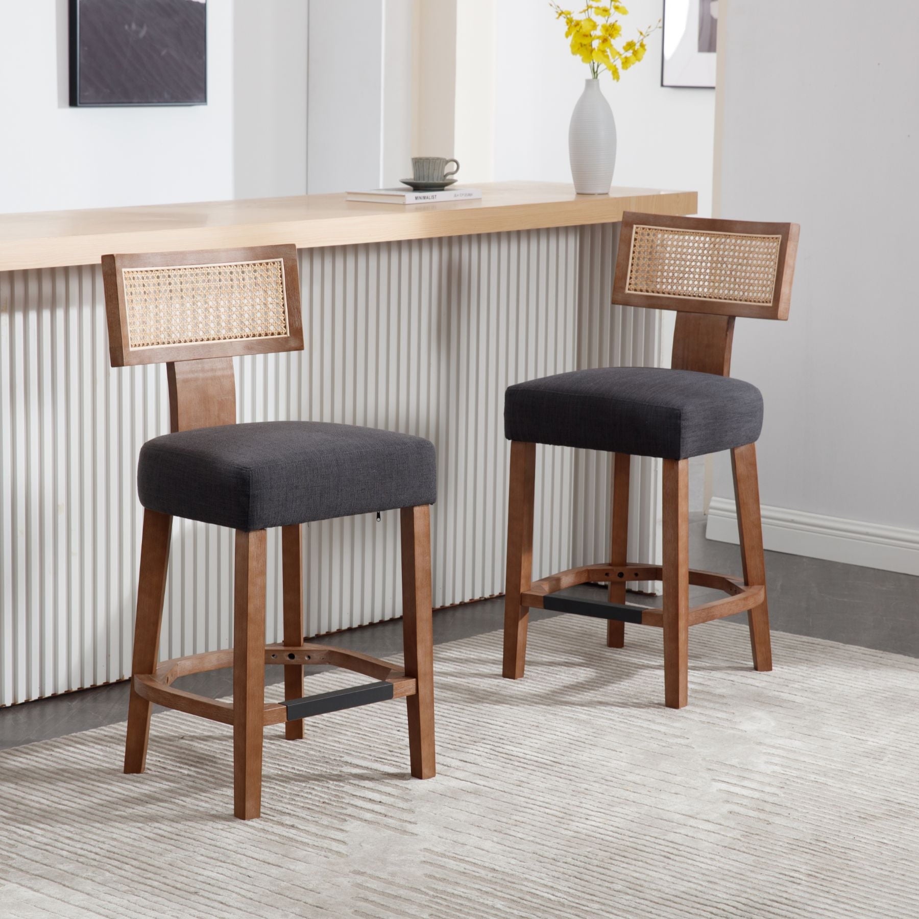 Set of 2 Charcoal Rattan Bar Stools – 26" Modern Farmhouse