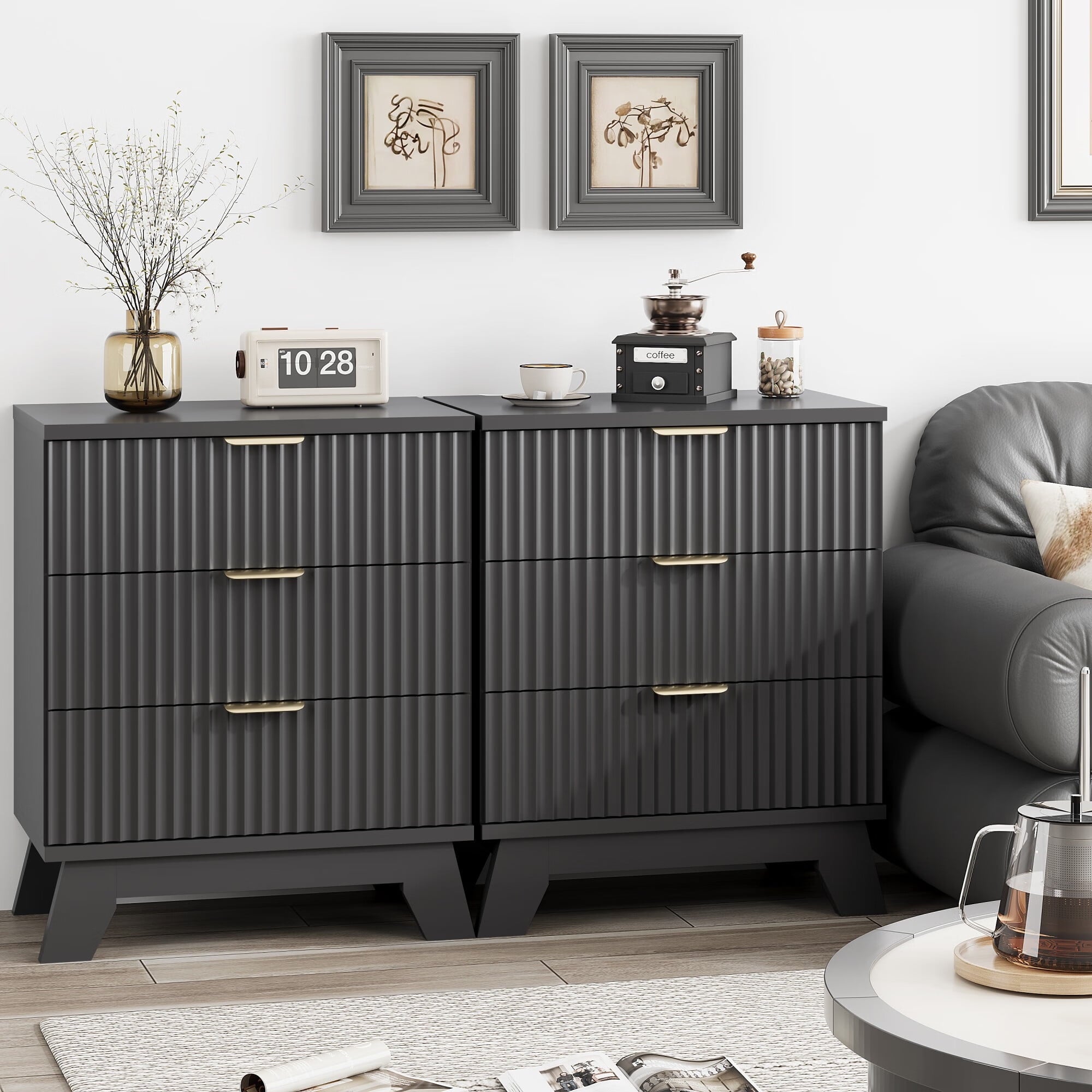Set of 2 Large Black Bedside Tables – 24" Wide Fluted Wood End Tables