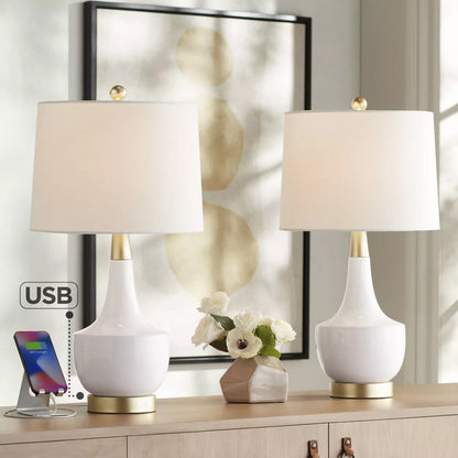 Nesbit White Ceramic & Gold Table Lamps (Set of 2) with USB Port