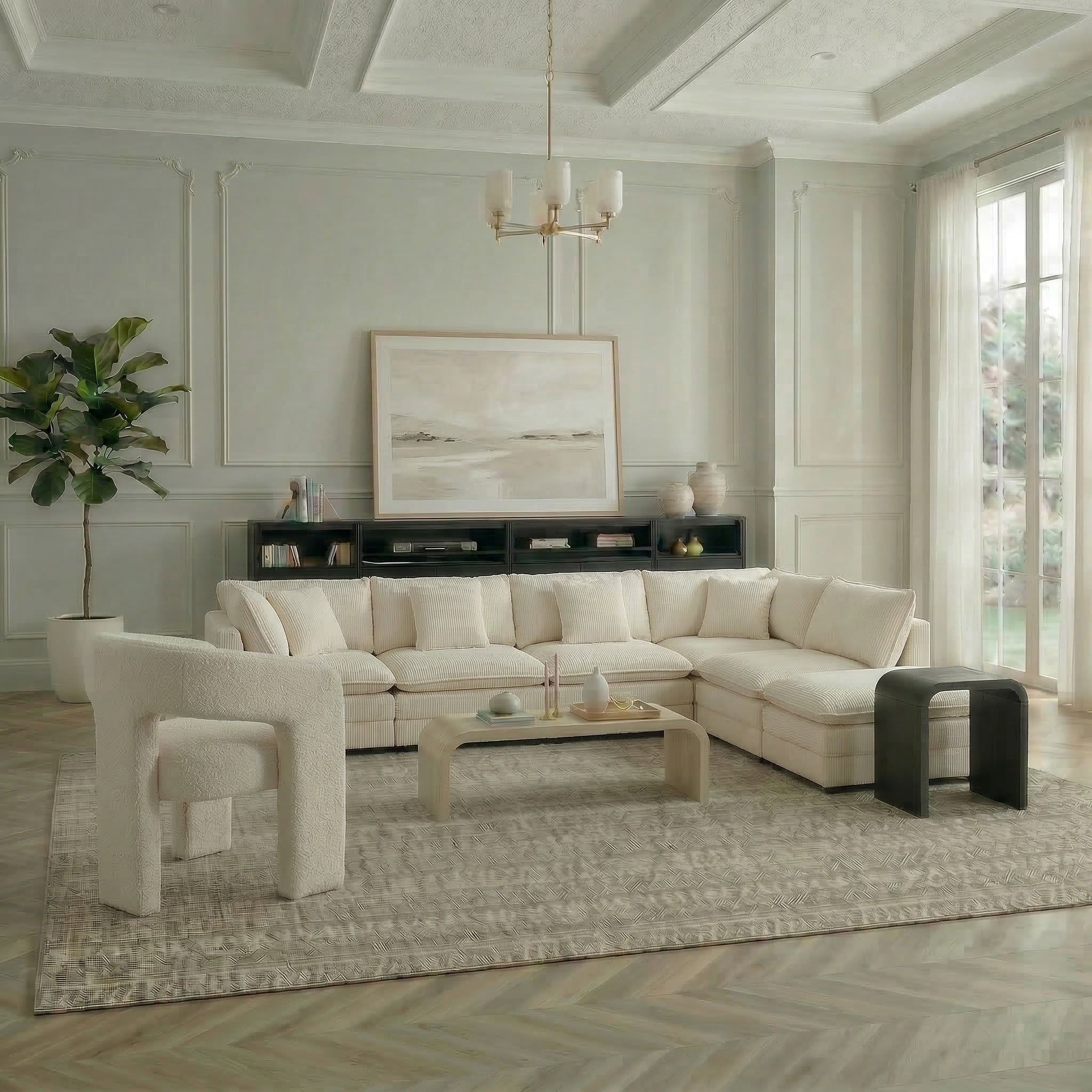 Hommeco 6-Seater Oversized Chenille Couch with Movable Ottoman