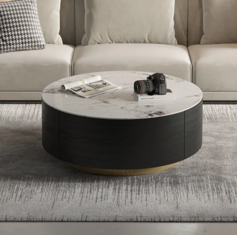 Hommeco Round Coffee Table with Storage, 2 Drawers