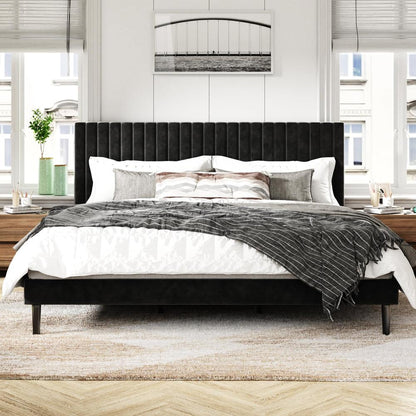 Luxury Velvet King Platform Bed – Elegant Upholstered Mattress Foundation