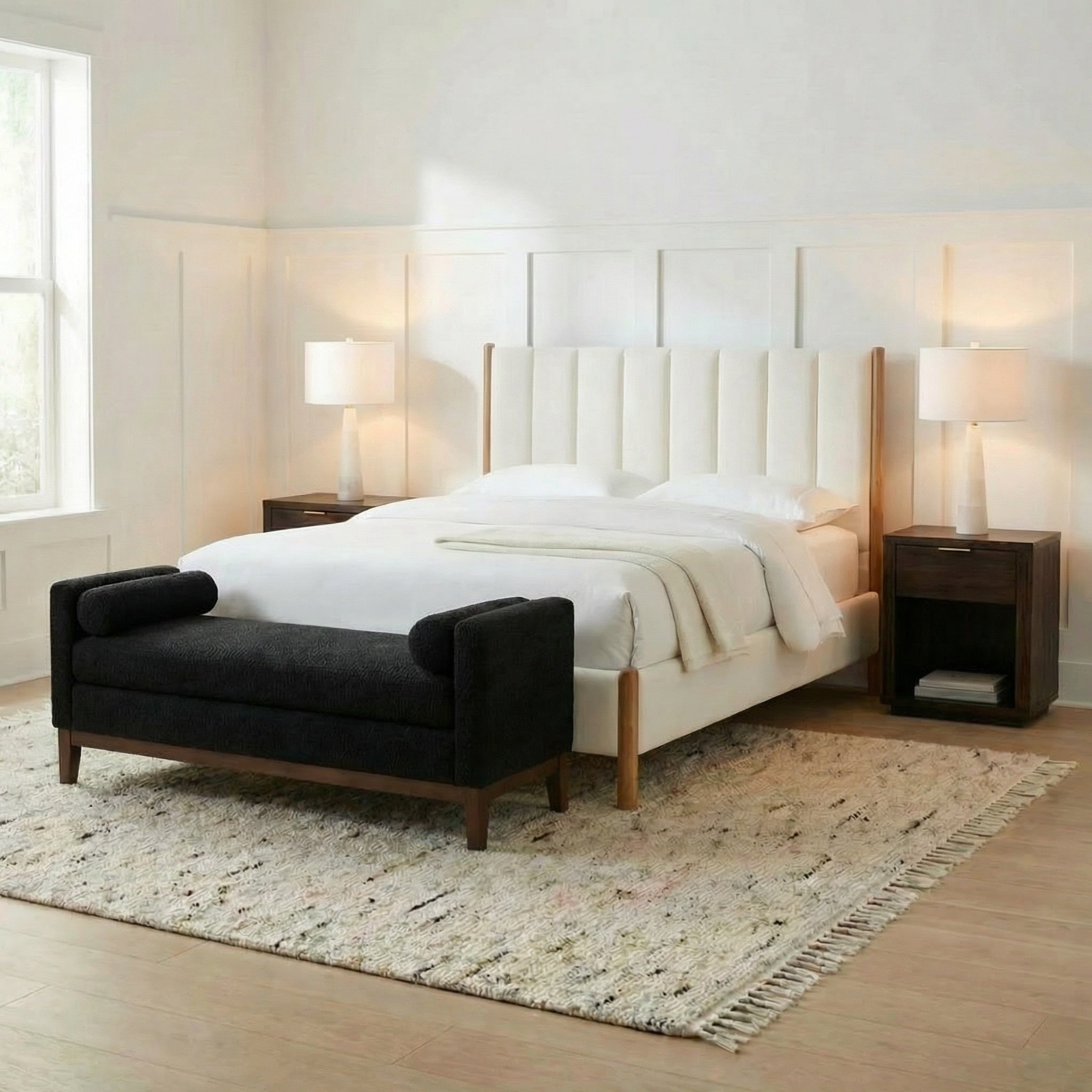 Hommeco Boucle Bedroom End of Bed Bench with Wood Legs & Bolster Pillows, Black