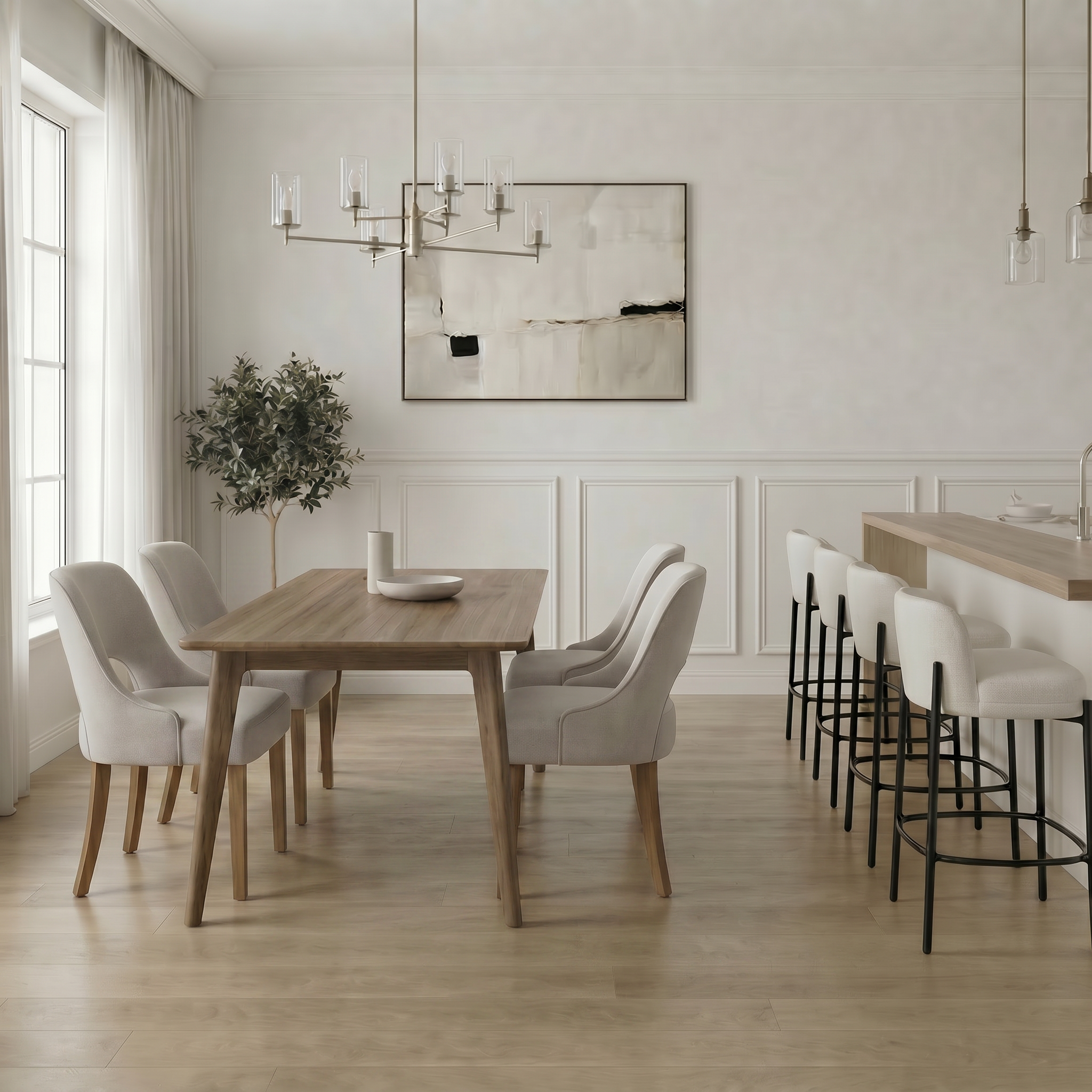 Hommeco Modern Linen Dining Chairs (Set of 4) – Solid Wood Frame with Cutout Back