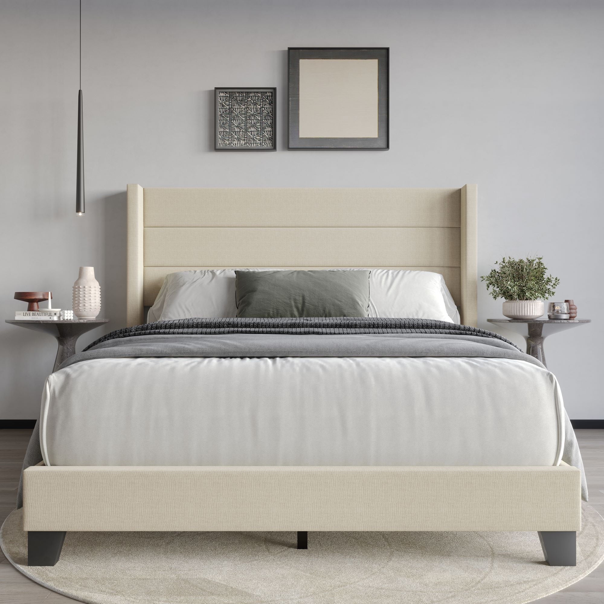 Queen Upholstered Panel Bed Frame with Wingback Headboard and Foam-Padded Support