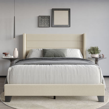 Queen Upholstered Panel Bed Frame with Wingback Headboard and Foam-Padded Support