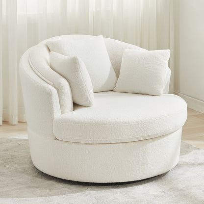 Oversized White Swivel Accent Chair - Modern Lambswool Barrel Chair for Bedroom & Living Room