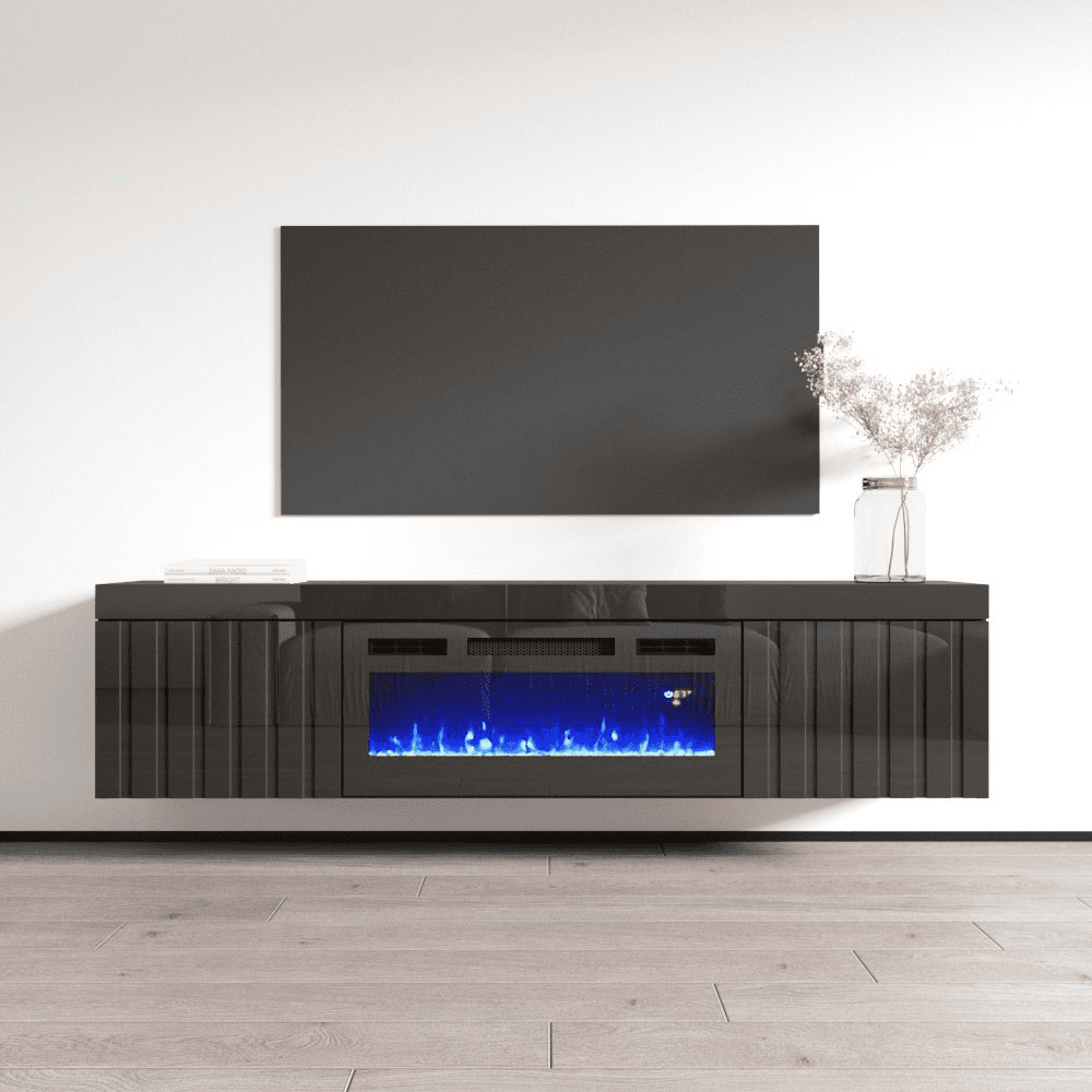 71" Floating Fireplace TV Stand – High Gloss Media Console