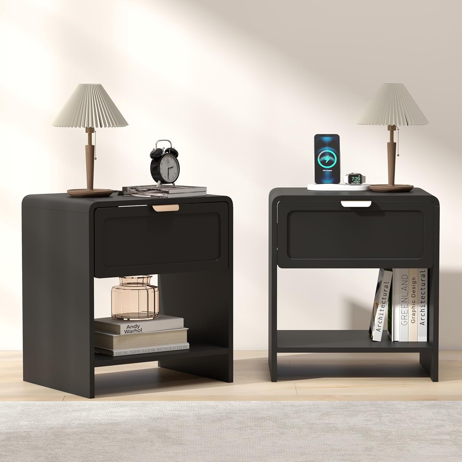 Mid-Century Modern Curved Top Corners Nightstand Set of 2