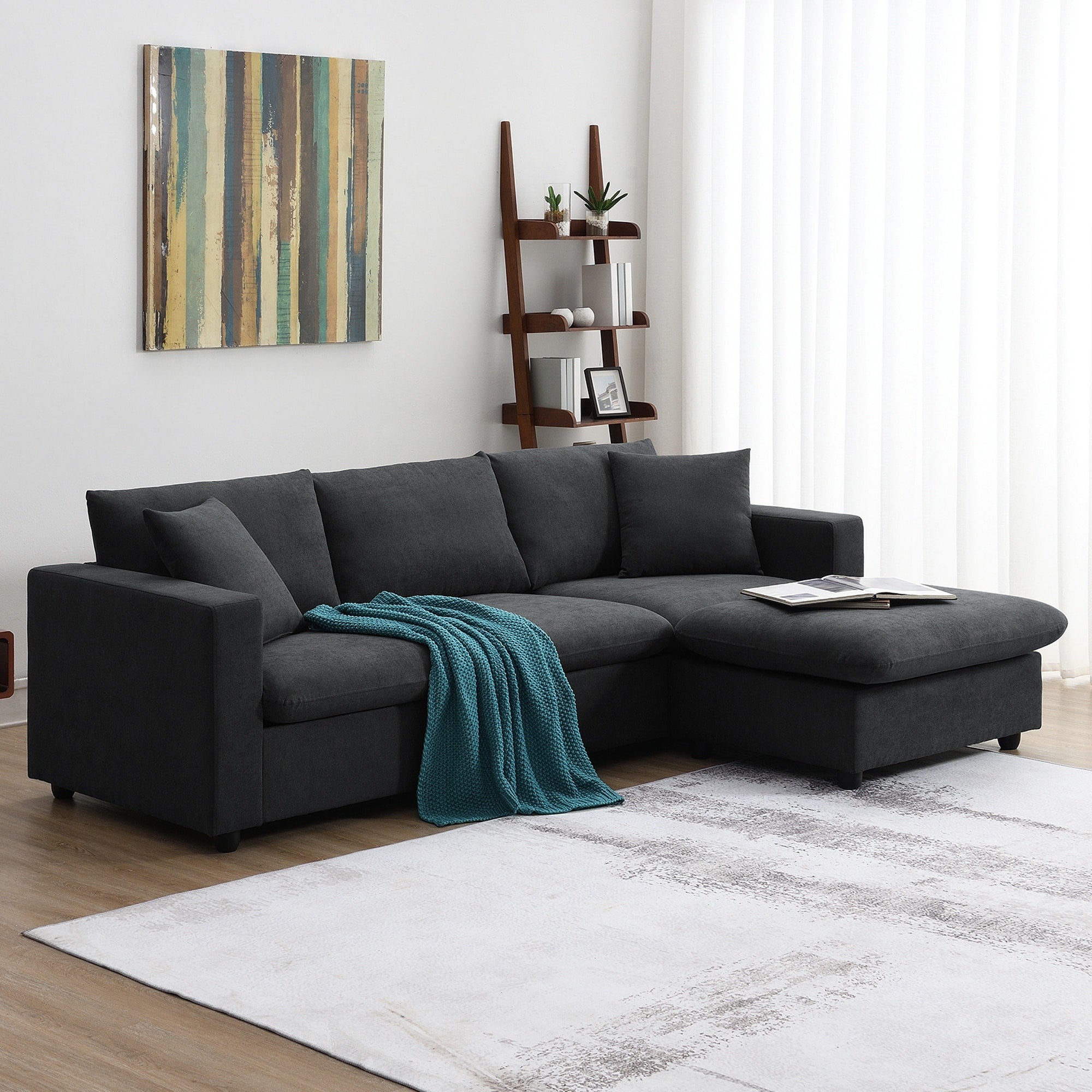 Modern 4-Seat Sectional Sofa L-Shaped Couch Set with 2 Free Pillows, with Convertible Ottoman for Livingroom