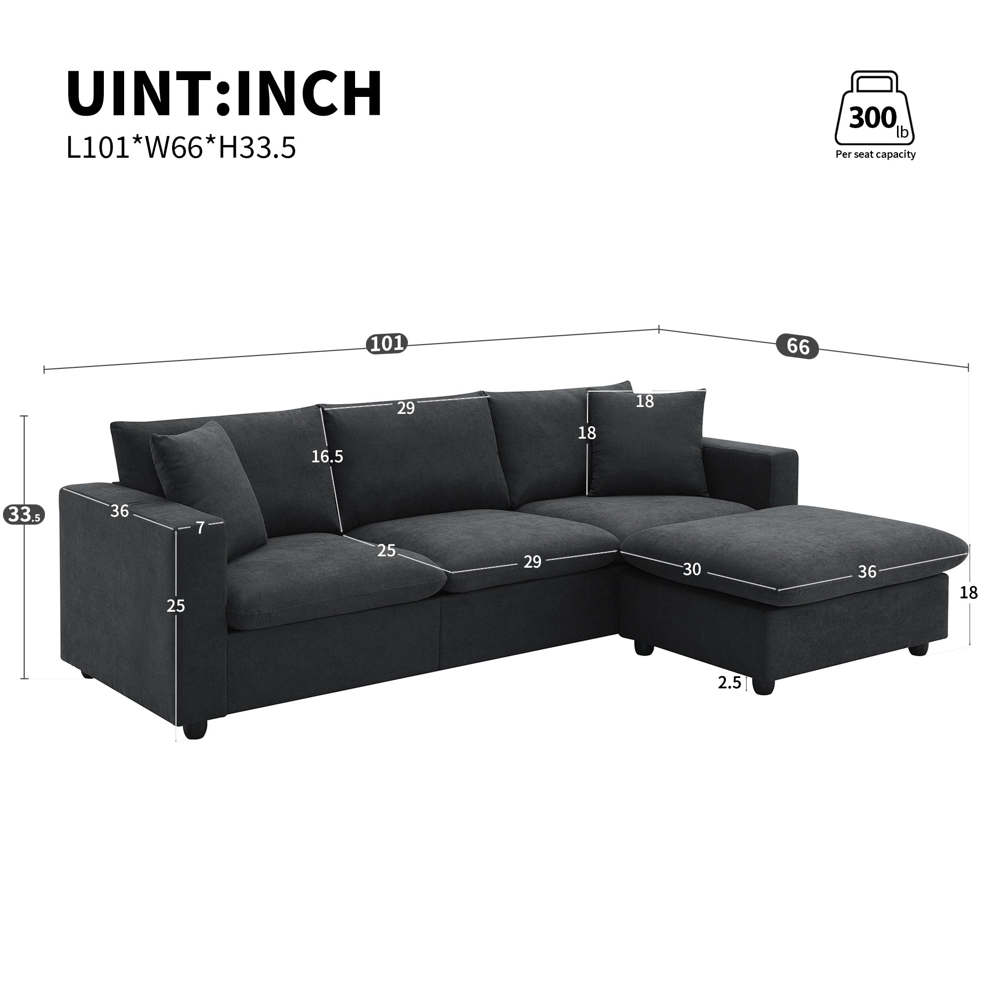 Modern 4-Seat Sectional Sofa L-Shaped Couch Set with 2 Free Pillows, with Convertible Ottoman for Livingroom
