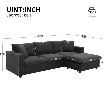 Modern 4-Seat Sectional Sofa L-Shaped Couch Set with 2 Free Pillows, with Convertible Ottoman for Livingroom