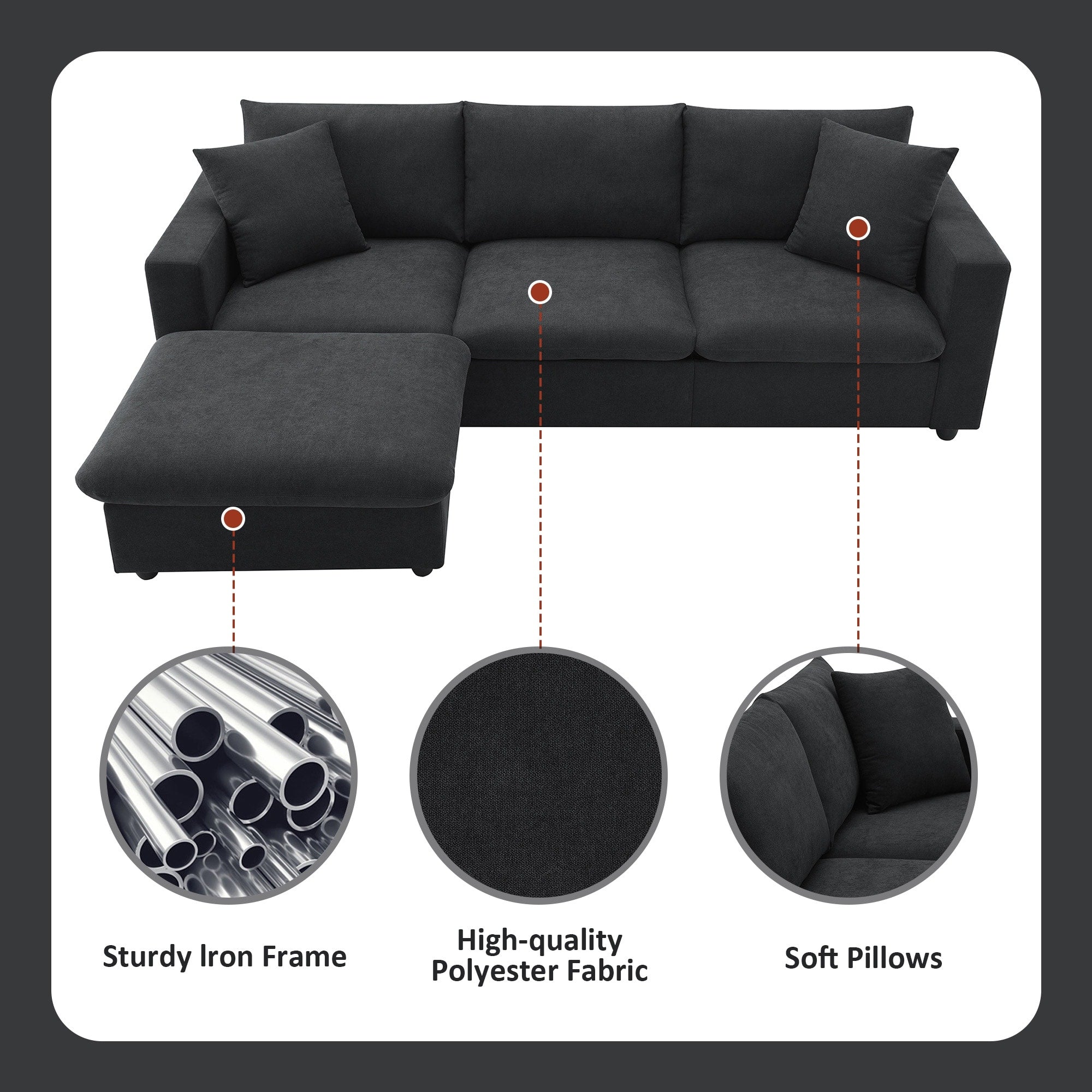 Modern 4-Seat Sectional Sofa L-Shaped Couch Set with 2 Free Pillows, with Convertible Ottoman for Livingroom