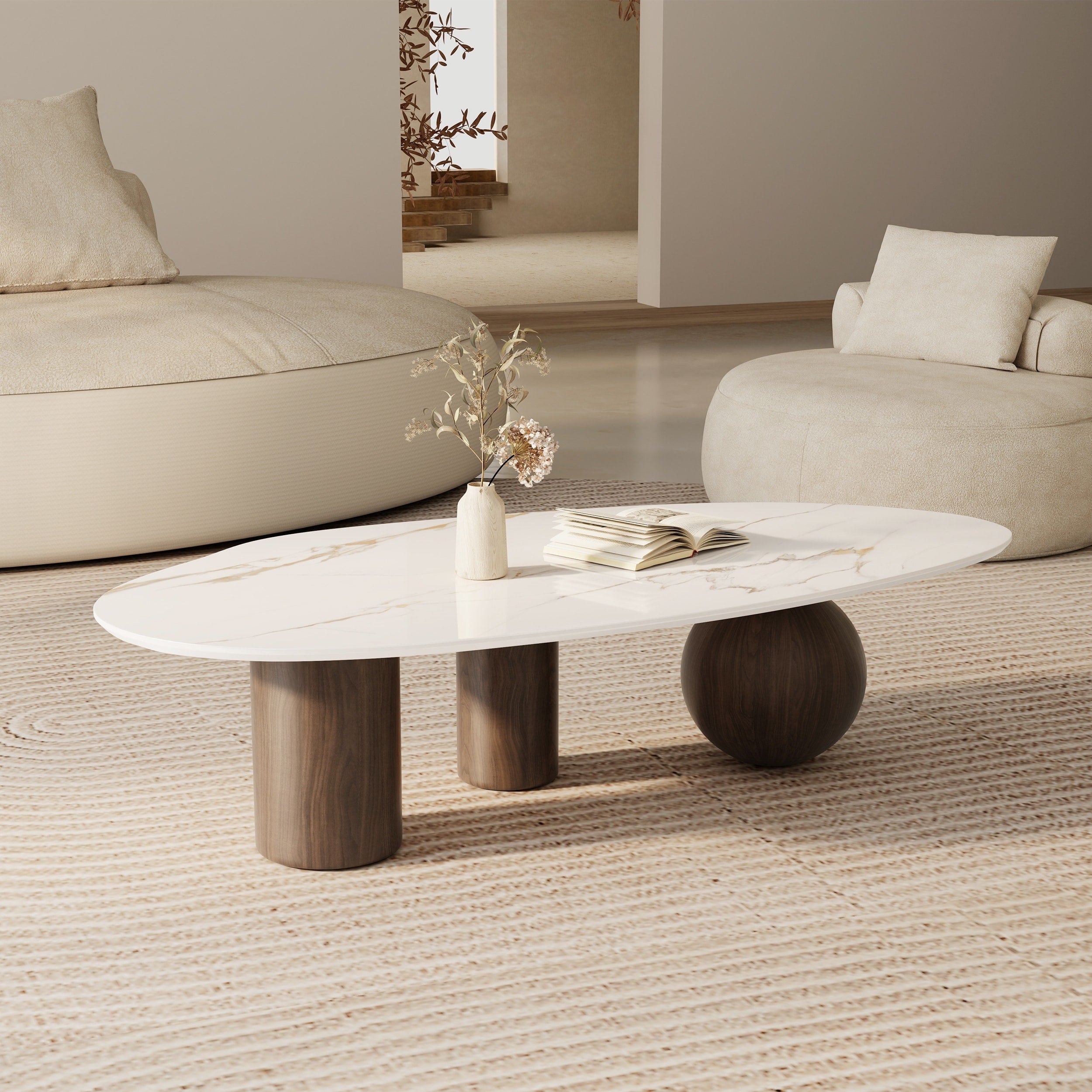 Modern 54" White Sintered Stone Coffee Table - Free Form Organic Top with Stainless Steel Legs