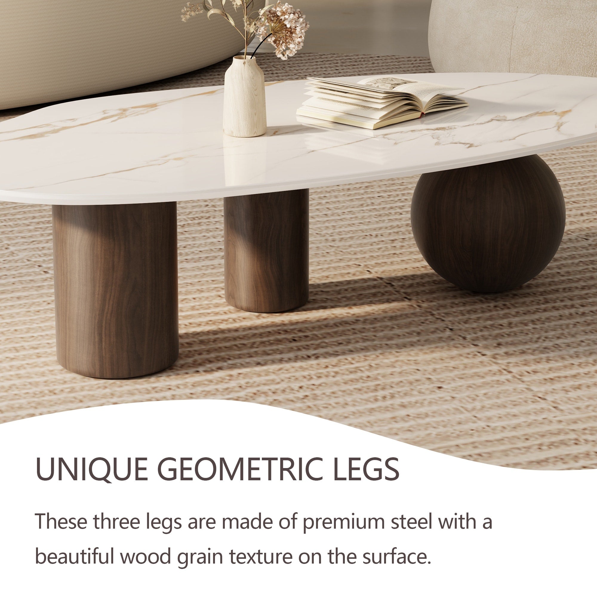Modern 54" White Sintered Stone Coffee Table - Free Form Organic Top with Stainless Steel Legs