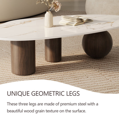 Modern 54" White Sintered Stone Coffee Table - Free Form Organic Top with Stainless Steel Legs