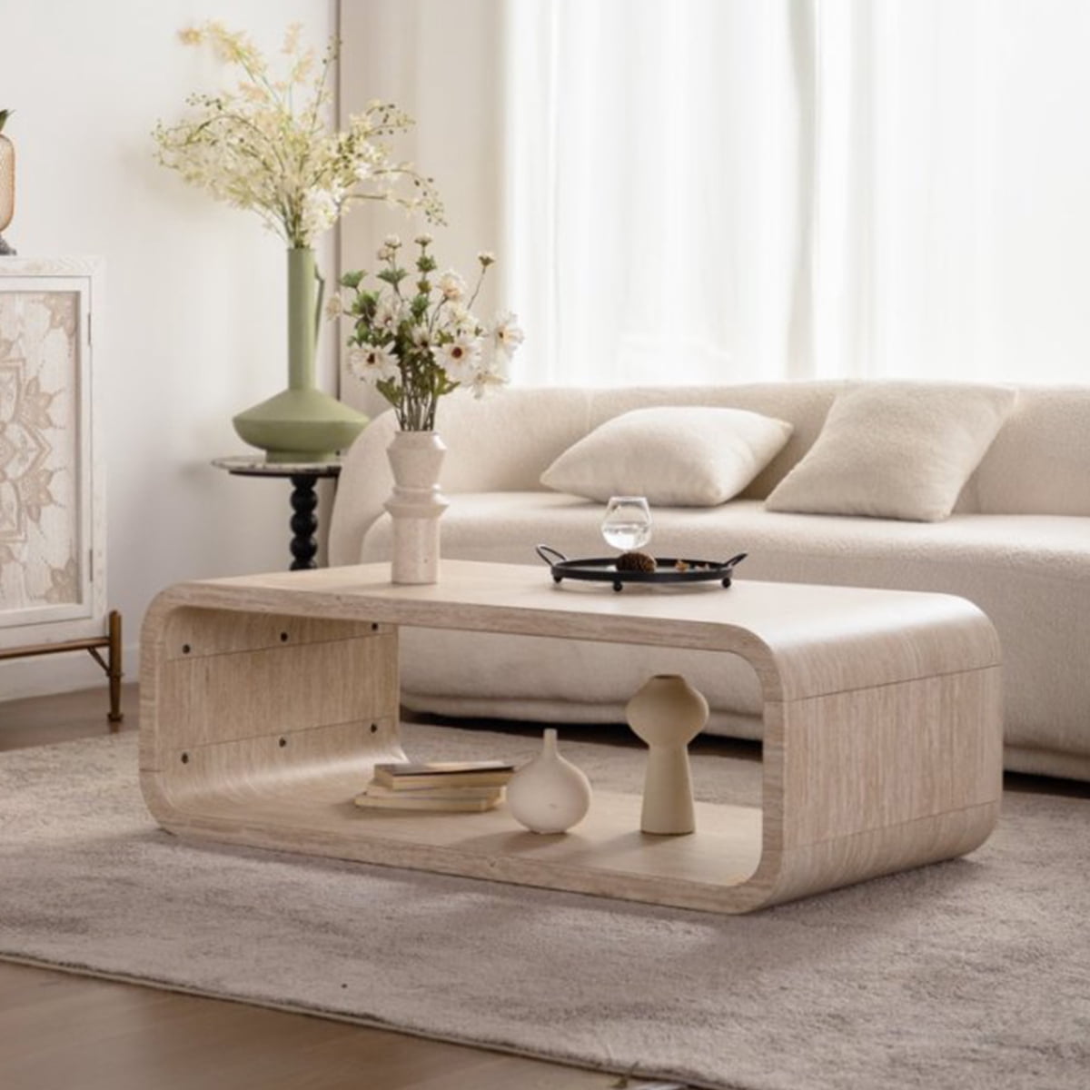 Elegant Curved Light Wood Coffee Table with Open Storage for Contemporary Living Rooms