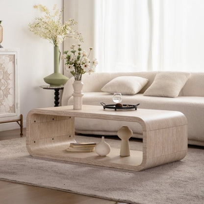 Elegant Curved Light Wood Coffee Table with Open Storage for Contemporary Living Rooms