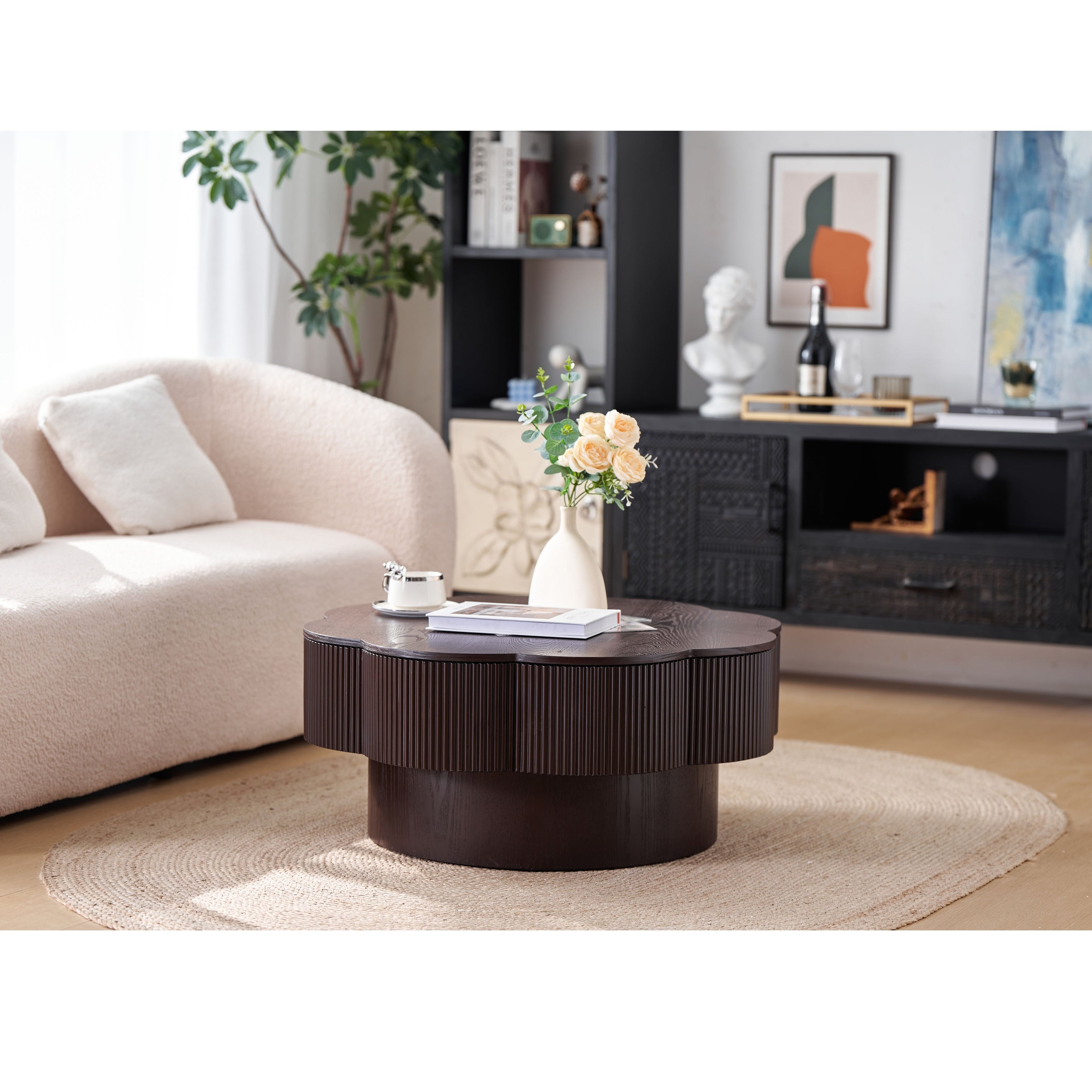 Modern Solid Wood Veneered Round/Oval/Rectangular Coffee Tea Table with Storage.