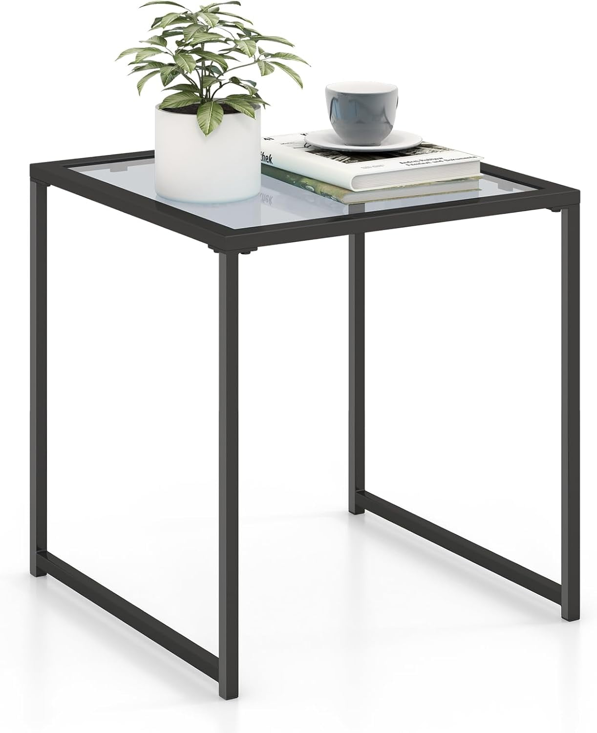 17" Square Patio Side Table - Modern Minimalist Metal End Table with Tempered Glass