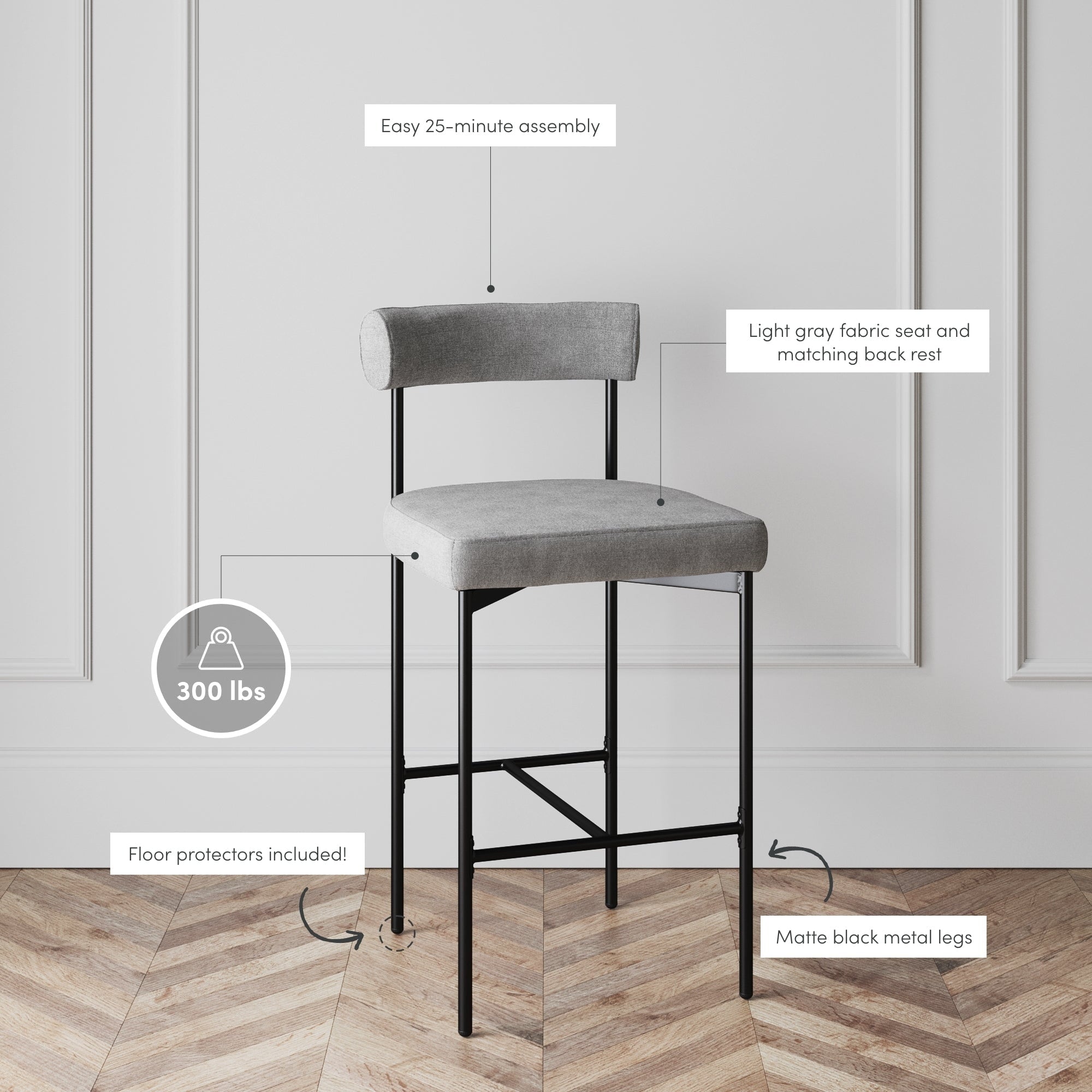 Counter Height Barstool or Dining Chair with Back and Upholstered Cushion