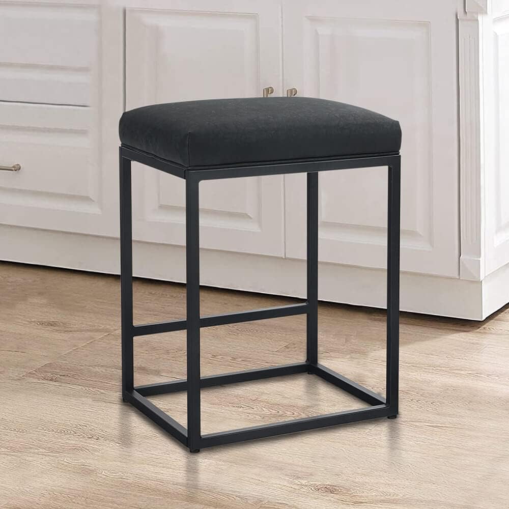 Hommeco Black 24" Backless Bar Stools - PU Leather & Metal Square Design with Footrest (Set of 2)