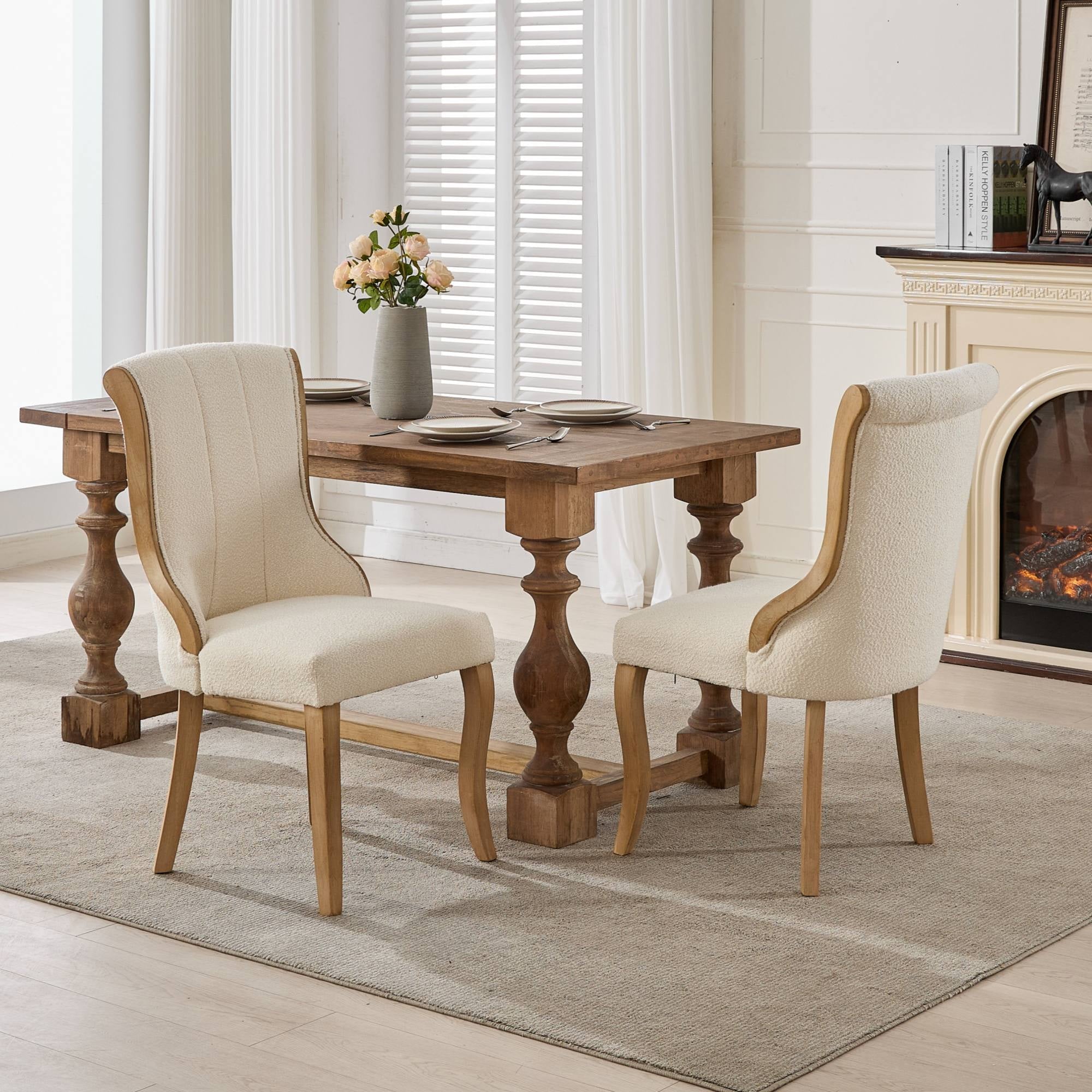 Beige Snow Velvet Accent Chairs with Curved Wood Trim - Set of 2