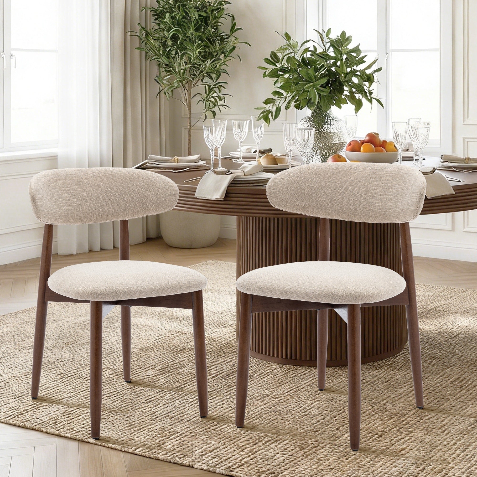 Open Back Upholstered Wood Frame Dining Chair Fabric Seat