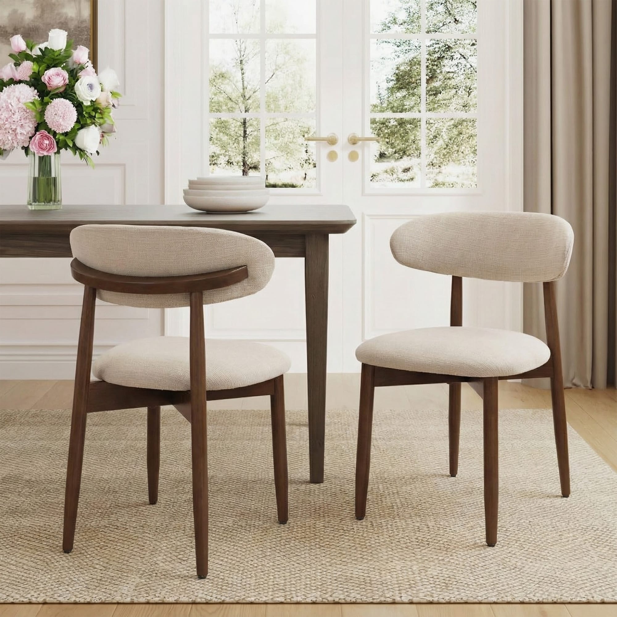 Open Back Upholstered Wood Frame Dining Chair Fabric Seat