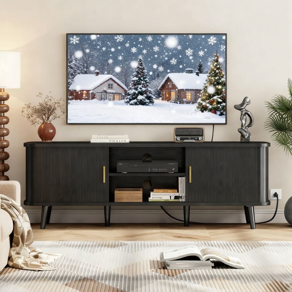 59" Modern TV Stand with Power Outlet & Sliding Doors – Black